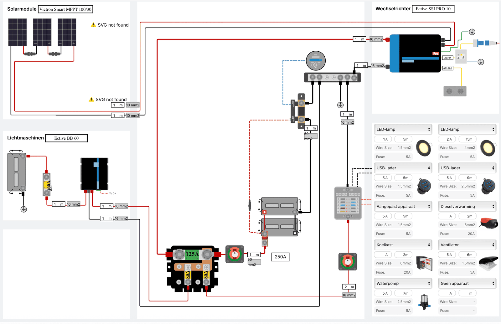 Afbeelding van een elektra schema voorzien van een ective SSI Pro, een Ective bb laadbooster gemaakt met de software van gridless-solutions.com